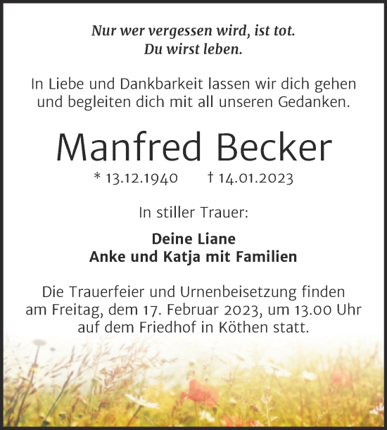Traueranzeige von Manfred Becker von Trauerkombi Köthen
