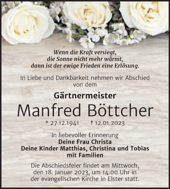 Traueranzeige von Manfred Böttcher von Trauerkombi Wittenberg