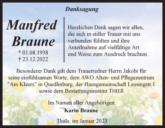 Traueranzeige von Manfred Braune von Trauerkombi Quedlinburg