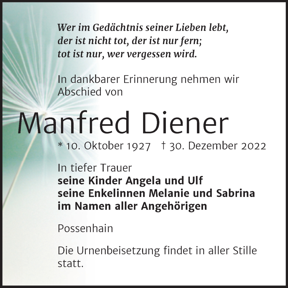  Traueranzeige für Manfred Diener vom 07.01.2023 aus Naumburger Tageblatt