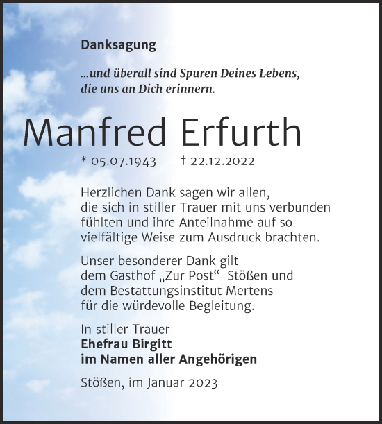 Traueranzeige von Manfred Erfurth von Wochenspiegel Naumburg/Nebra