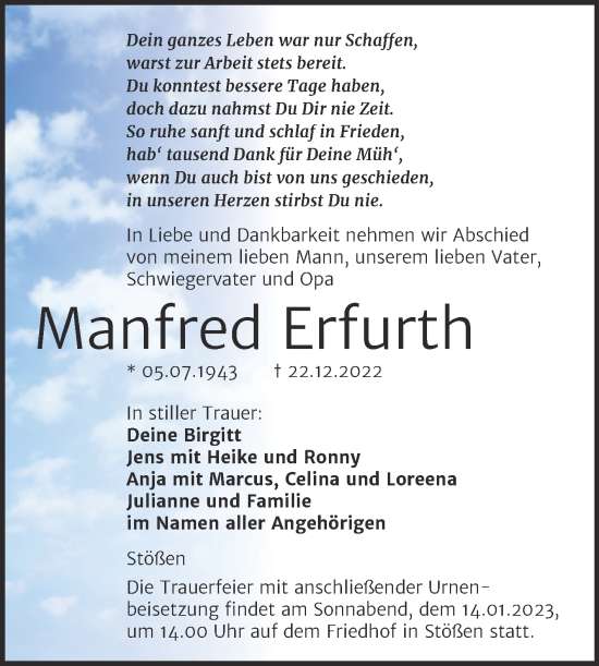 Traueranzeige von Manfred Erfurth von Wochenspiegel Naumburg/Nebra