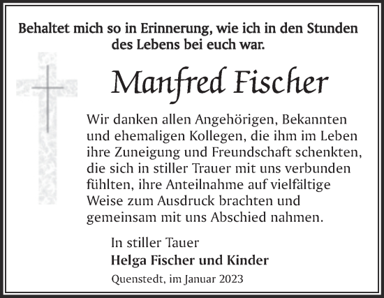 Traueranzeige von Manfred Fischer von Trauerkombi Mansfelder Land