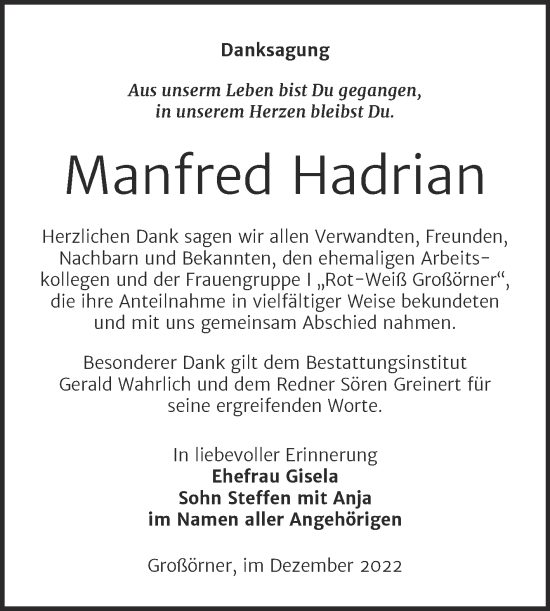 Traueranzeige von Manfred Hadrian von Trauerkombi Mansfelder Land