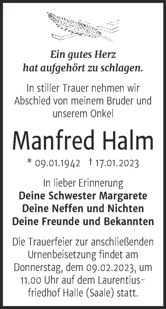  Traueranzeige für Manfred Halm vom 28.01.2023 aus Mitteldeutsche Zeitung Halle/Saalkreis
