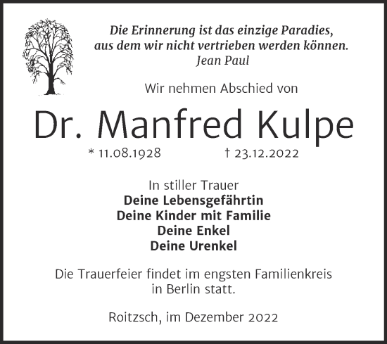 Traueranzeige von Manfred Kulpe von Trauerkombi Bitterfeld
