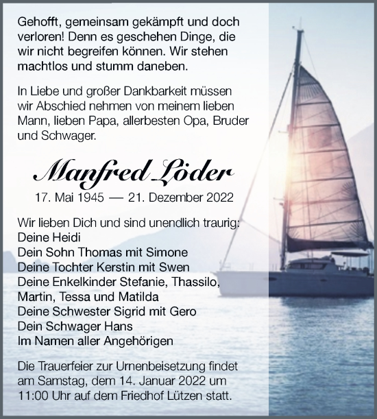 Traueranzeige von Manfred Löder von Trauerkombi Weißenfels