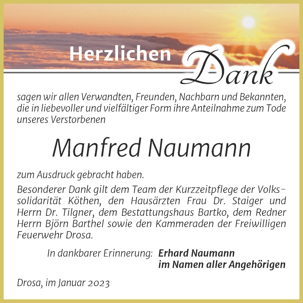  Traueranzeige für Manfred Naumann vom 07.01.2023 aus Trauerkombi Köthen