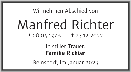 Traueranzeige von Manfred Richter von Trauerkombi Wittenberg