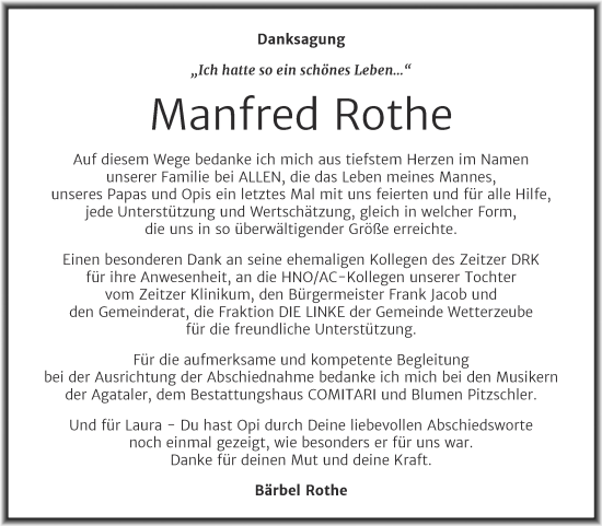 Traueranzeige von Manfred Rothe von Trauerkombi Zeitz