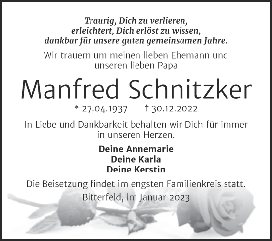 Traueranzeige von Manfred Schnitzker von Trauerkombi Bitterfeld