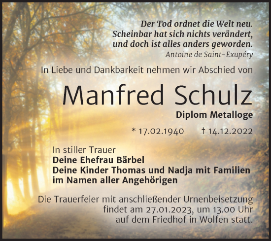 Traueranzeige von Manfred Schulz von Trauerkombi Bitterfeld