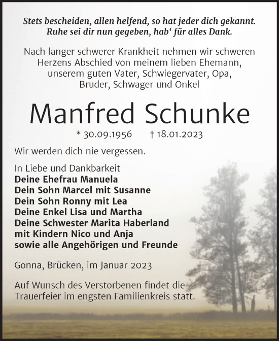 Traueranzeige von Manfred Schunke von Trauerkombi Sangerhausen