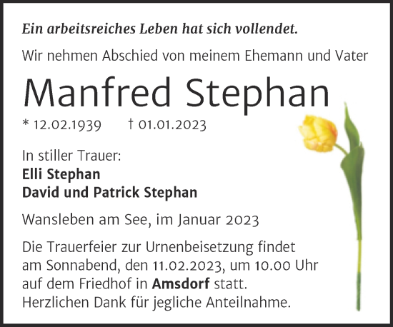 Traueranzeige von Manfred Stephan von Trauerkombi Mansfelder Land