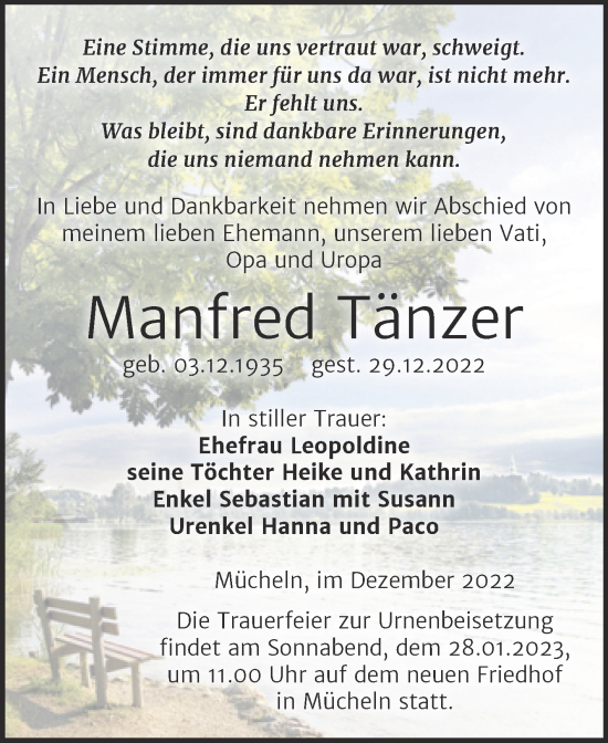 Traueranzeige von Manfred Tänzer von Trauerkombi Merseburg
