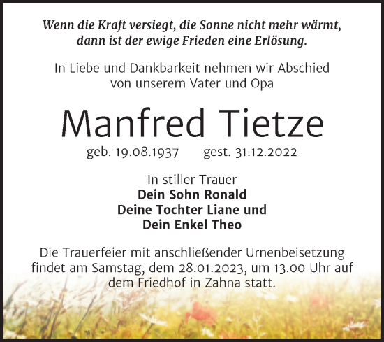 Traueranzeige von Manfred Tietze von Trauerkombi Wittenberg