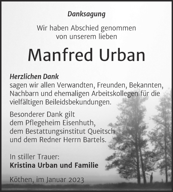 Traueranzeige von Manfred Urban von Trauerkombi Köthen