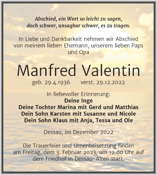 Traueranzeige von Manfred Valentin von Trauerkombi Dessau