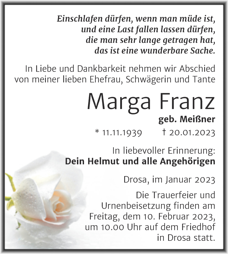  Traueranzeige für Marga Franz vom 28.01.2023 aus Trauerkombi Köthen