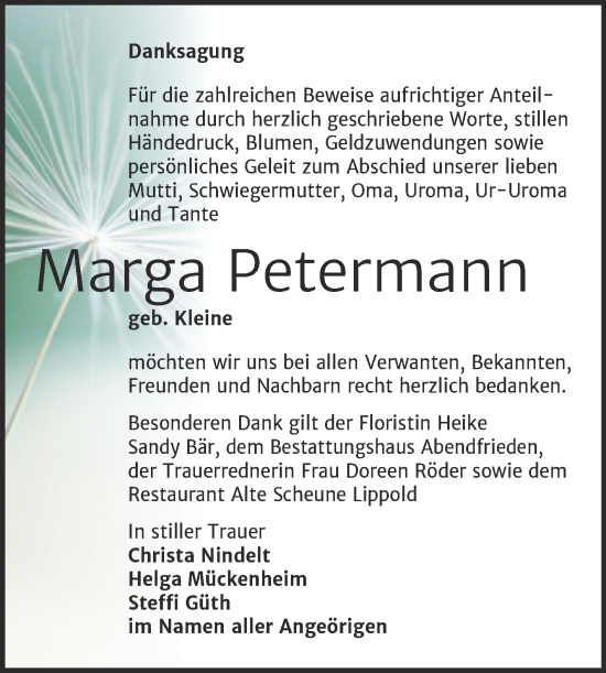 Traueranzeige von Marga Petermann von Trauerkombi Merseburg