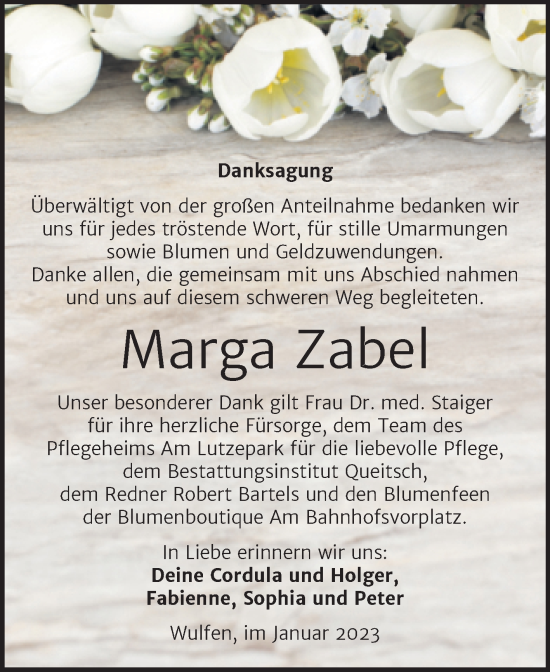 Traueranzeige von Marga Zabel von Trauerkombi Köthen