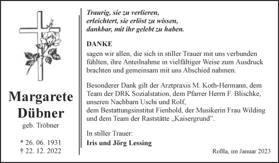 Traueranzeige von Margarete Dübner von Trauerkombi Sangerhausen