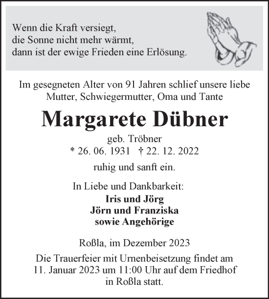 Traueranzeige von Margarete Dübner von Trauerkombi Sangerhausen