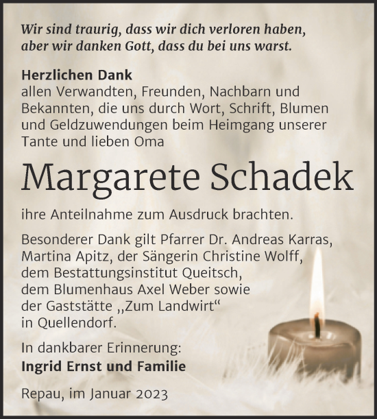 Traueranzeige von Margarete Schadek von Trauerkombi Köthen