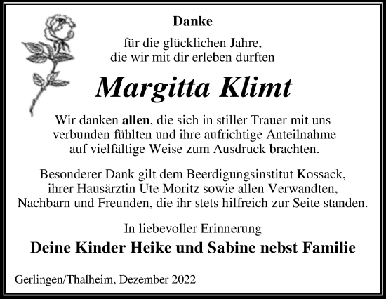 Traueranzeige von Margitta Klimt von Trauerkombi Wittenberg