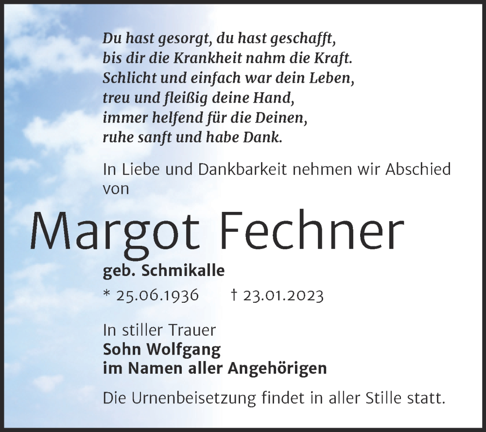  Traueranzeige für Margot Fechner vom 28.01.2023 aus Trauerkombi Bernburg