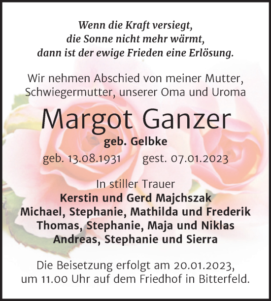 Traueranzeige von Margot Ganzer von Trauerkombi Bitterfeld