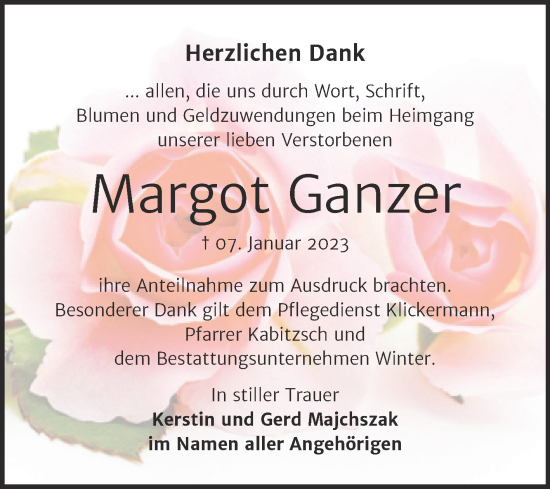 Traueranzeige von Margot Ganzer von Trauerkombi Bitterfeld