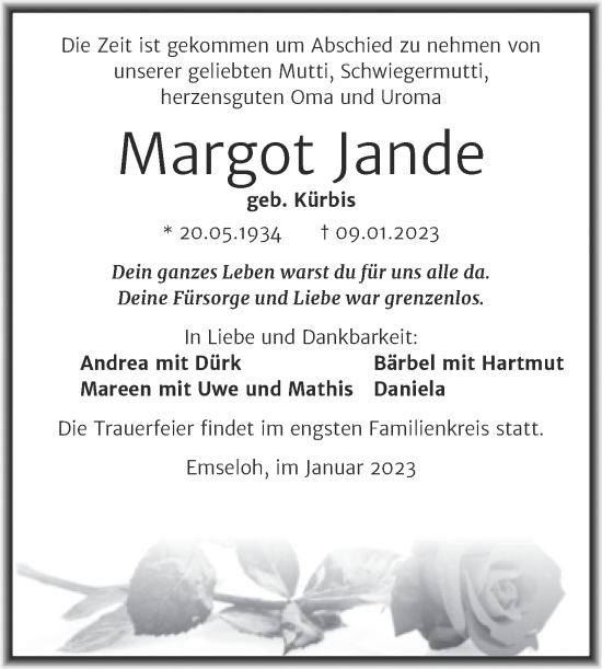 Traueranzeige von Margot Jande von Trauerkombi Sangerhausen