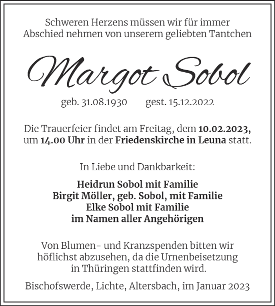 Traueranzeige von Margot Sobol von Trauerkombi Merseburg