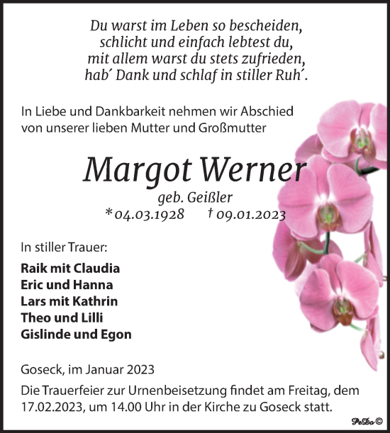 Traueranzeige von Margot Werner von Trauerkombi Weißenfels