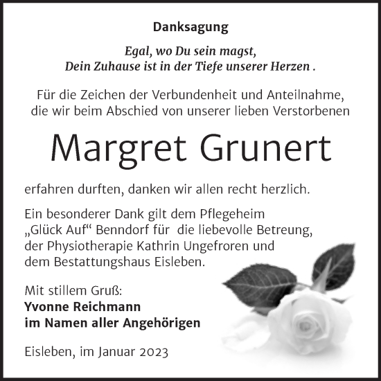 Traueranzeige von Margret Grunert von Trauerkombi Mansfelder Land