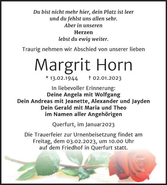 Traueranzeige von Margrit Horn von Trauerkombi Merseburg