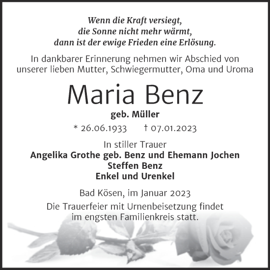 Traueranzeige von Maria Benz von Naumburger Tageblatt