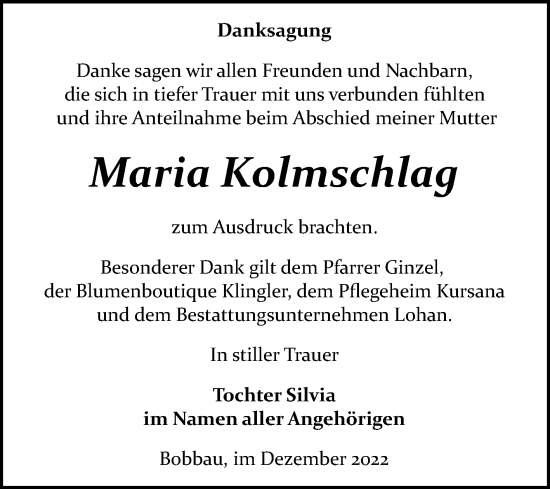 Traueranzeige von Maria Kolmschlag von Trauerkombi Bitterfeld