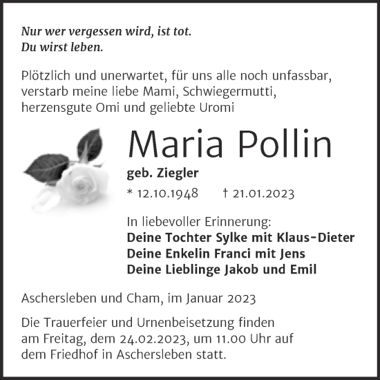 Traueranzeige von Maria Pollin von Trauerkombi Aschersleben