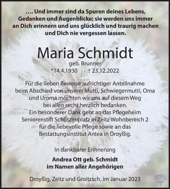 Traueranzeige von Maria Schmidt von Trauerkombi Zeitz