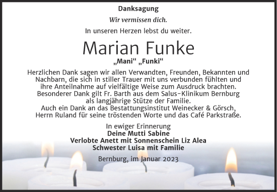 Traueranzeige von Marian Funke von Trauerkombi Bernburg