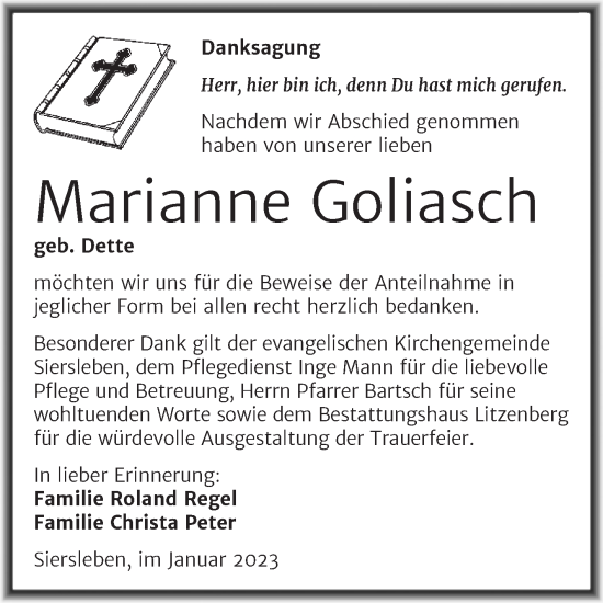 Traueranzeige von Marianne Goliasch von Trauerkombi Mansfelder Land