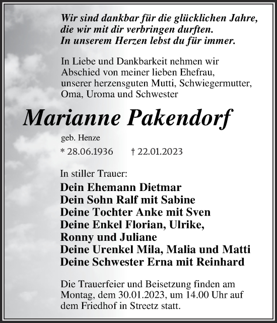 Traueranzeige von Marianne Pakendorf von Trauerkombi Dessau