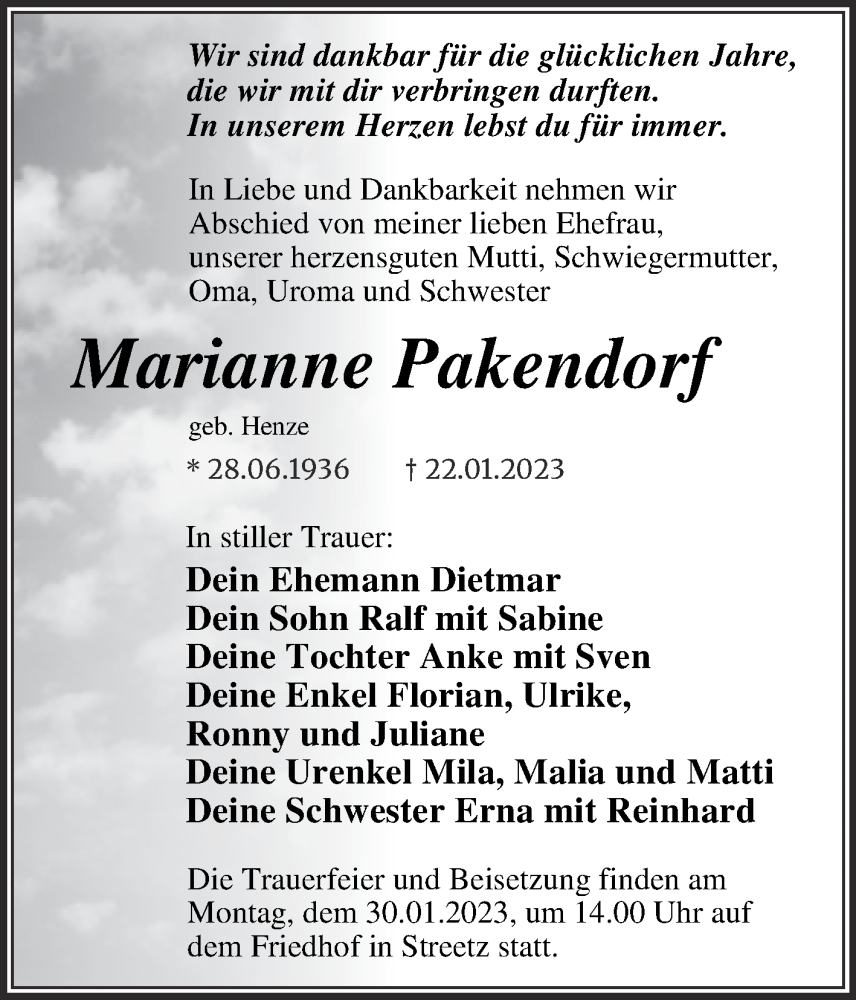  Traueranzeige für Marianne Pakendorf vom 28.01.2023 aus Trauerkombi Dessau
