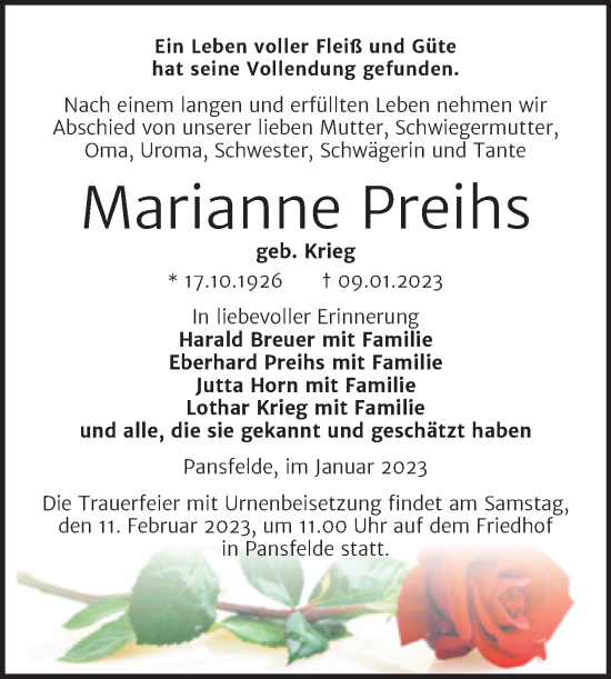 Traueranzeige von Marianne Preihs von Trauerkombi Quedlinburg