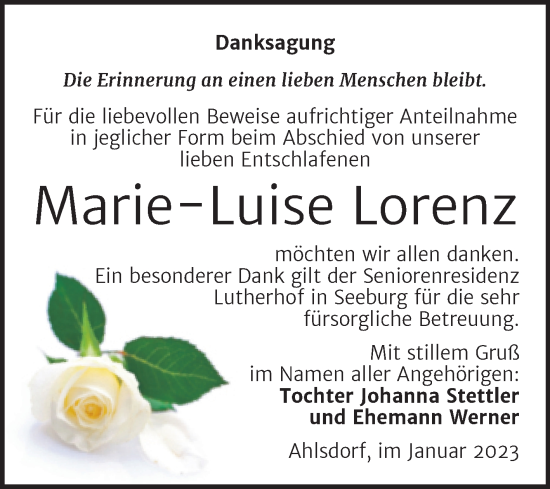 Traueranzeige von Marie-Luise Lorenz von Trauerkombi Mansfelder Land