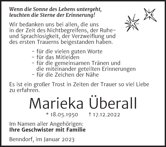 Traueranzeige von Marieka Überall von Trauerkombi Mansfelder Land