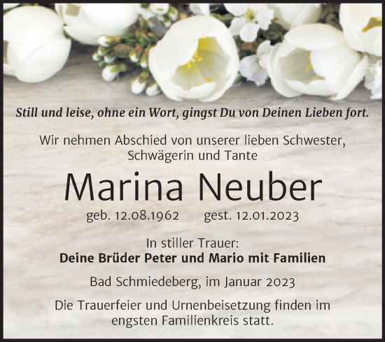 Traueranzeige von Marina Neuber von Trauerkombi Wittenberg
