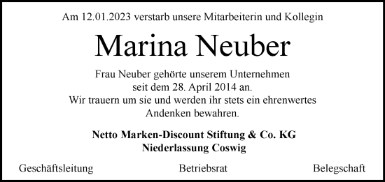 Traueranzeige von Marina Neuber von Super Sonntag Wittenberg